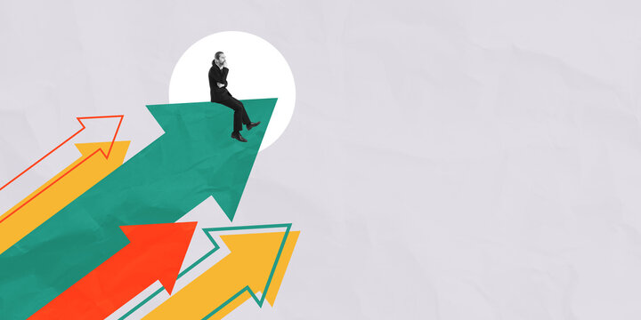 Business person sitting on large upward arrow among colorful arr
