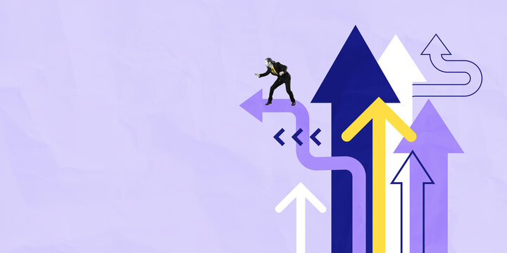 Business figure choosing among multiple rising arrows on a light