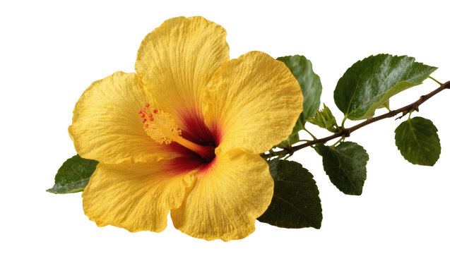 Isolated vibrant yellow hibiscus flower with green leaves on a stem, tropical blossom