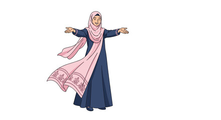 Fototapeta premium Muslim woman wearing a navy blue dress and a flowing pink hijab stands with her arms outstretched in a welcoming and joyful gesture.