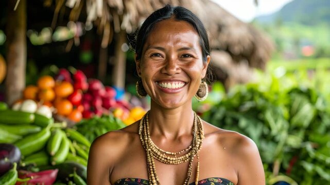 Smiling indigenous woman standing in front of fresh organic produce at an outdoor tropical village market