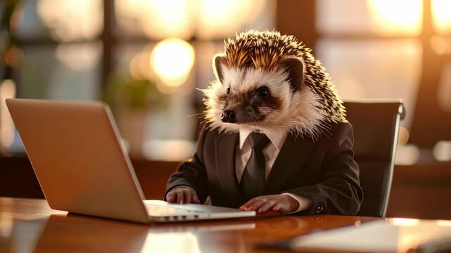 Hedgehog wearing a formal suit and tie sitting at a desk using a laptop in a sunny office with golden hour lighting
