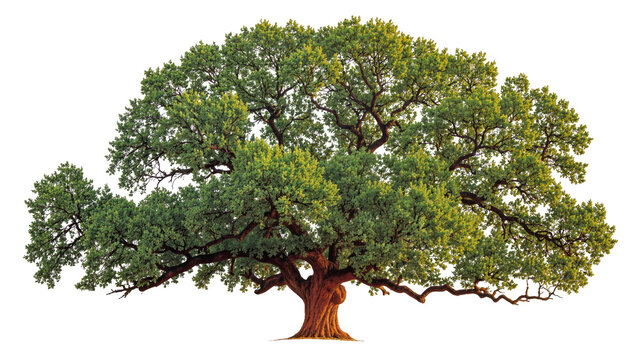 Isolated majestic old oak tree with a sprawling green crown and sturdy trunk