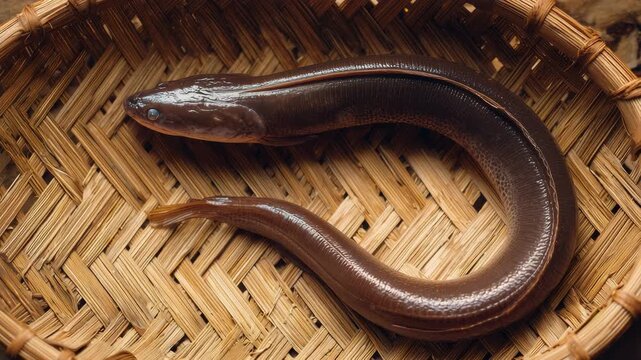 かごの中に置かれた新鮮なウナギ