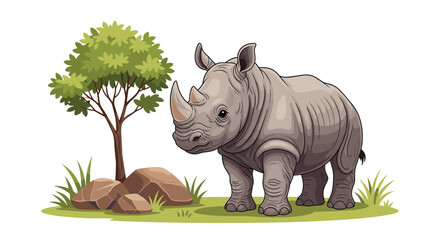 Fototapeta premium Majestic rhinoceros stands in a grassy savanna landscape next to a small tree and rocks under a clear white background.