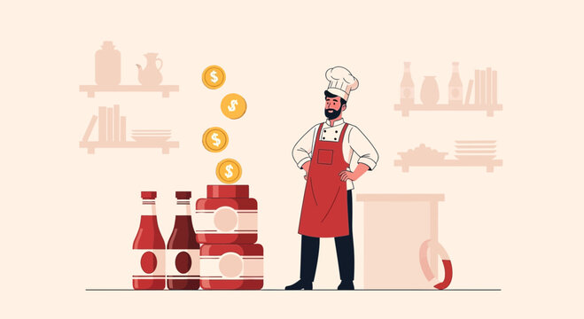 Chef with jars of food and falling coins, representing profit and business growth in culinary industry