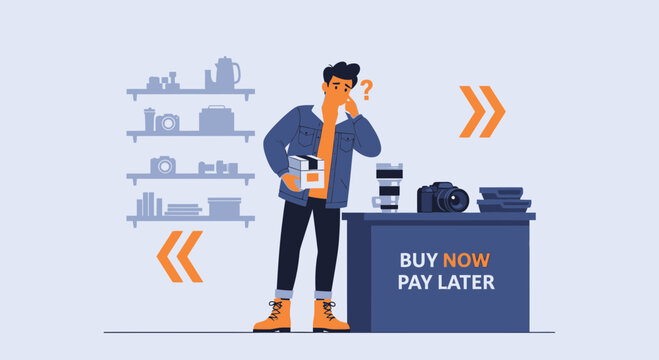 Confused man choosing to buy camera with buy now pay later option