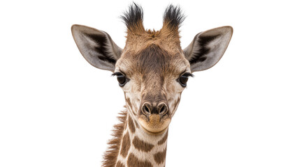 Isolated close-up portrait of an adorable baby giraffe looking directly at the camera © Elowen