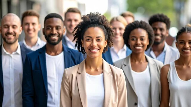 Smiling young professional woman leading a diverse group of multiethnic business colleagues in casual office attire outdoors