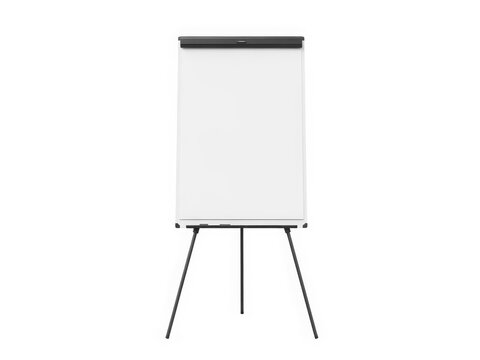 A white flip chart easel standing against a white background.