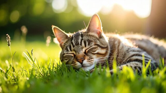 Domestic tabby cat sleeping peacefully on lush green lawn at sunset with warm backlighting