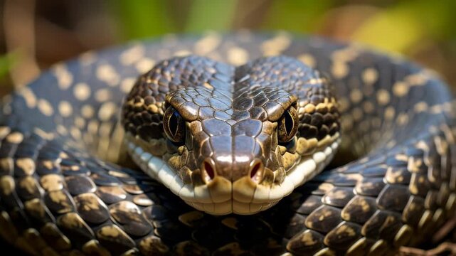 Macro close up portrait of a coiled spotted snake head with detailed scales in a natural outdoor habitat