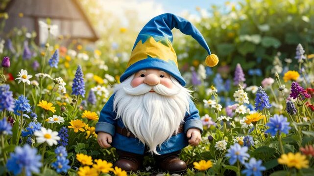 Cheerful garden gnome with a long white beard and blue pointed hat standing in a field of colorful blooming wildflowers