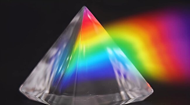 Crystal prism diffracting light into a vibrant rainbow spectrum on black background