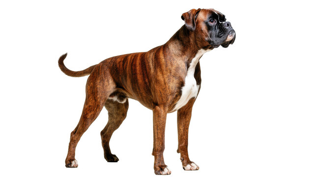 Isolated purebred brindle Boxer dog standing in full body profile, alert, strong, majestic