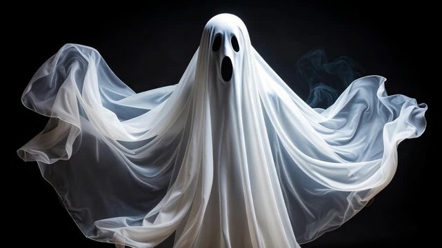 Ethereal white phantom figure with a screaming face floating against a black background with wispy mist