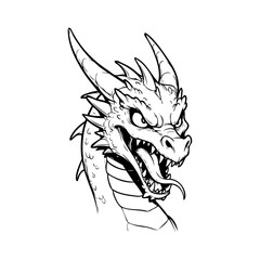 Dibujo sencillo con líneas de la cabeza de un dragón o dinosaurio enojado con la boca abierta enseñando los colmillos  © teracreonte