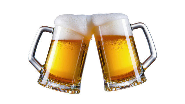 Isolated Two clinking beer mugs with frothy foam celebrating a festive occasion