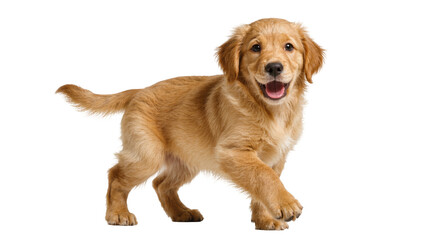Isolated happy golden retriever puppy walking cheerfully, full body shot of a cute dog © Elowen