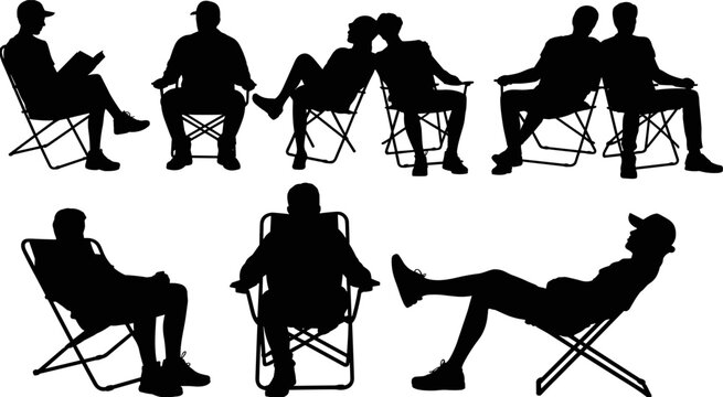 Collection of people relaxing on folding camping chairs silhouettes, outdoor leisure pose set, black shadow figures isolated illustration design