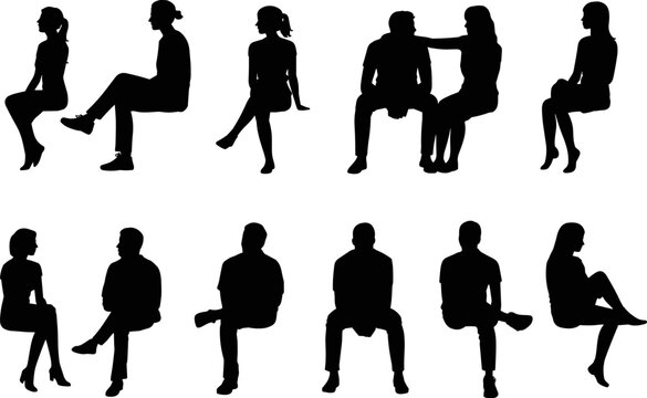 Collection of men and women sitting silhouettes, human posture pose set, black shadow people figures isolated illustration design