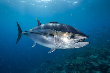 Fototapeta premium Giant Bluefin Tuna Swimming in Deep Blue Ocean Underwater Marine Life Scene