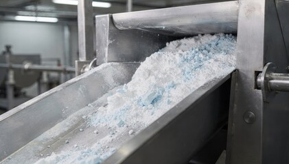 Medium shot of an open conveyor mixer blending powder detergent with visible components mixing consistently in an industrial setting.