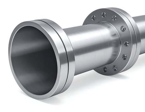 Close-up of metallic pipe sections connected by a flanged joint, resting on a white surface, lit from above