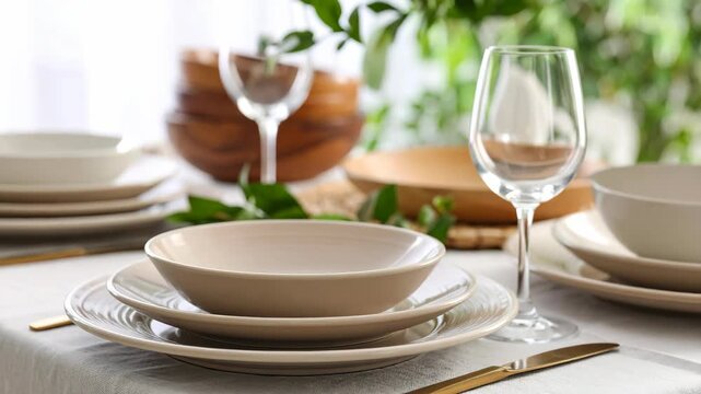 Minimalist dinner table setting with stacked ceramic plates and wine glasses on a linen tablecloth in natural light