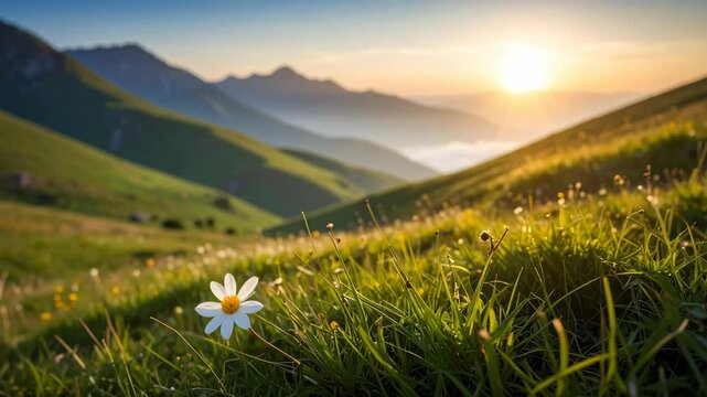 Sunrise over a green mountain meadow with a single white daisy flower blooming in the foreground during spring