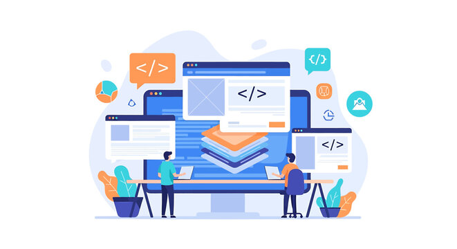 Collaborative Coding and Programming Illustration with Laptops, Code Symbols, and Dynamic Digital Elements in Creative Workflow Environment