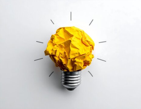 Crumpled yellow paper atop a silver bulb base, radiating light beams on a crisp white surface, symbolizing an idea