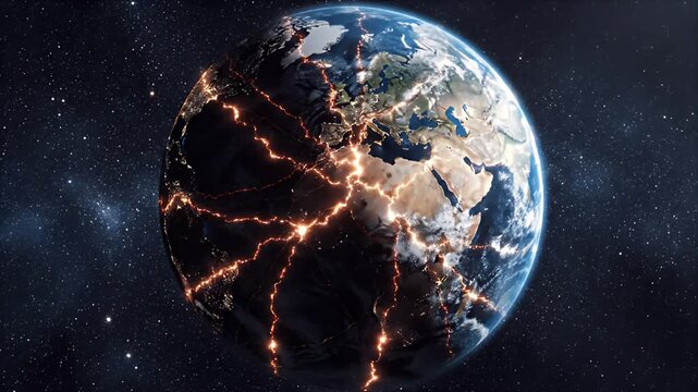 Detailed CGI Earth with Glowing Geopolitical Fault Lines in Outer Space