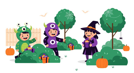Naklejka premium Children in Halloween costumes trick-or-treating with gifts in a spooky garden
