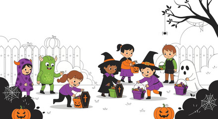 Fototapeta premium Children in Halloween costumes trick-or-treating with pumpkins and spooky decorations