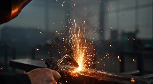 Close up view of a person welding metal with sparks flying around