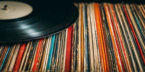 Fototapeta premium A stack of colorful vinyl records with one on top