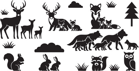 Fototapeta premium Black silhouettes of forest animals and trees on white background