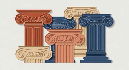 Obraz premium Vibrant Orange Deep Blue Beige Classical Columns Gray Backdrop Modern Marketing Editorial Branding Inspiration