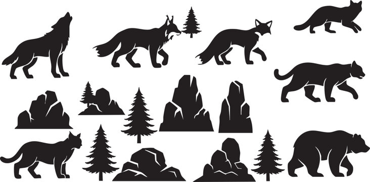 Black silhouettes of wolves howling at mountains and pine trees in the wilderness at night