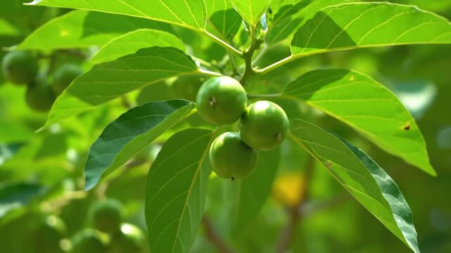 Ashwagandha plant with green leaves and unripe fruits in sunlight.