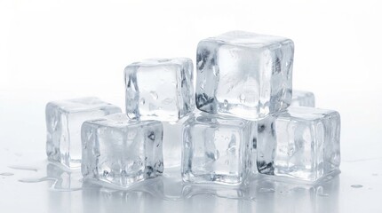 Obraz premium Perfectly Formed Clear Ice Cubes Stacked and Reflecting Light on a White Surface