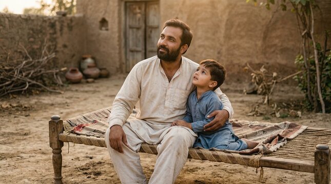South Asian father and son sitting on traditional charpai bed, rural village family life in Pakistan or India, rustic outdoor courtyard scene