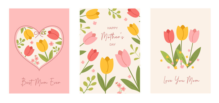 Happy Mother's Day card coquette set. Hand drawn beautiful flowers with bow, spring red and pink floral cute design. Whimsical frames with bows. Perfect for poster, banner. Vector illustration.