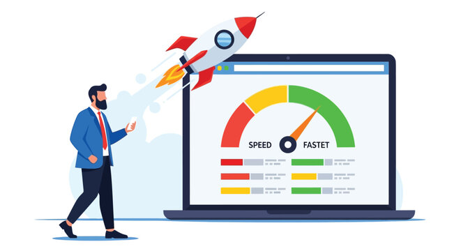 Boost business performance with fast loading website speed. man stand near laptop with rocket start up. internet optimization