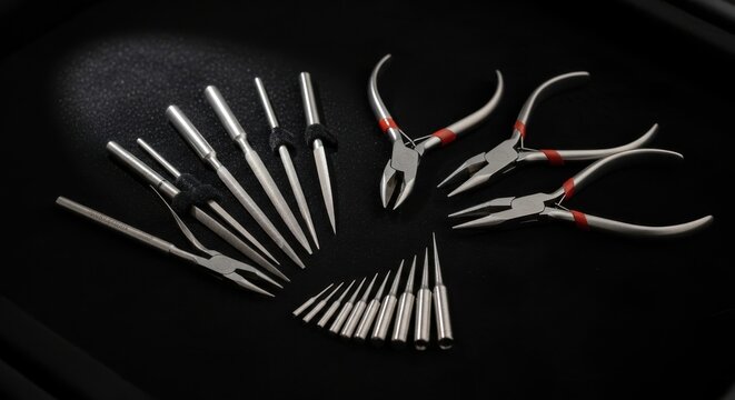 Collection of small, intricate jewelry making tools including pliers and files for detailed crafting