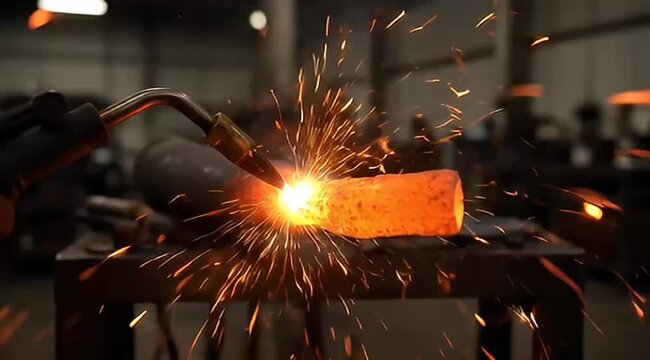 Close up shot of welding torch working with glowing sparks flying all around