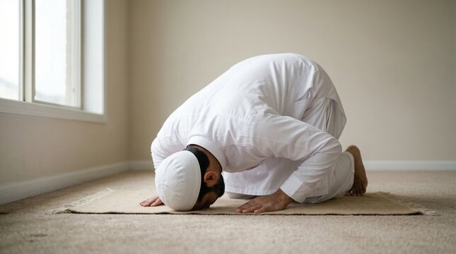 Muslim man performing prostration prayer on rug, devout Islamic worship in bright room, religious man in white thobe and kufi cap praying