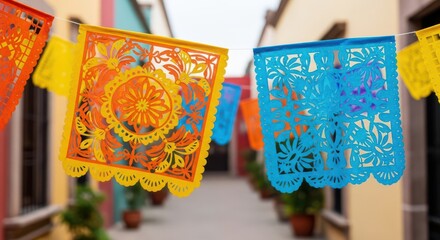 Mexican party Vibrant tapestries displayed in a colorful market setting with intricate designs