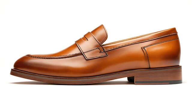 A stylish brown leather loafer shoe on a white background